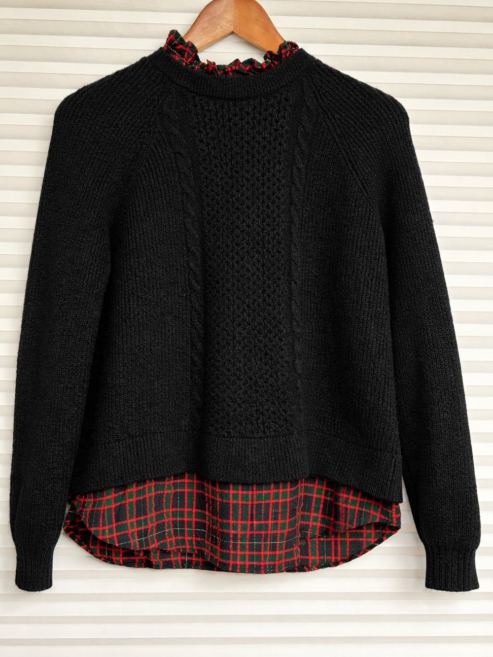 LOFT Black Knit Sweater with Red Plaid Trim